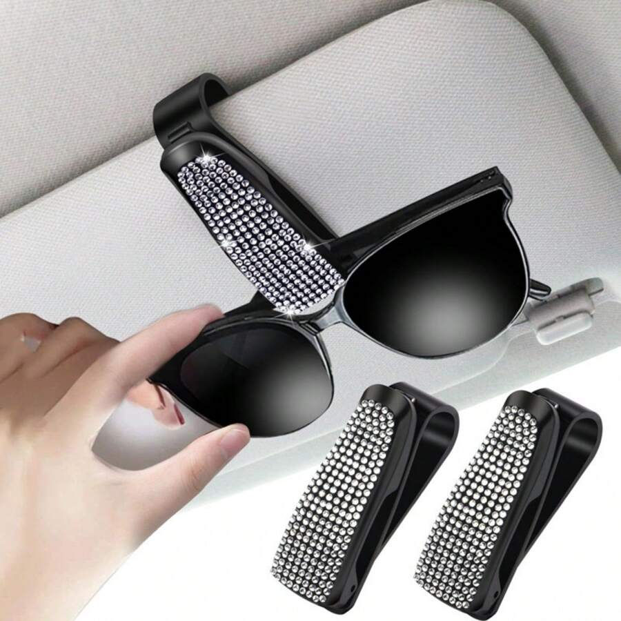 1pc Bling Rhinestone Car Sun Visor Clip, Glasses Card Holder, Car Interior Sunglasses Clip