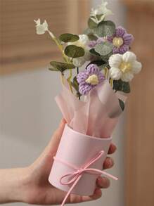 1 Set Handmade Knit Yarn Artificial Flower Bouquet With 5pcs Crochet Flowers, Fabric Knitted Flowers, Plastic Barrel, Packaging Paper Suitable For Birthday Or Anniversary Gift For Mom,Women, Bestie, Friend, Mother'S Day Gift, Valentine'S Day Gift, Birthday Gifts, Home Table Decoration, Valentine Day, Gift,Fake Plants