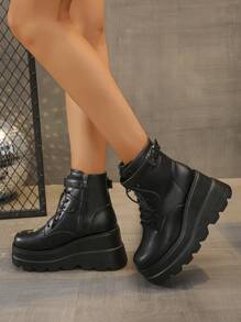 Stivaletti alla caviglia da donna con platform da 9 cm per l'autunno/inverno, moda, comodi, suola spessa, punta tonda, con lacci e cerniera, stivali corti casual da esterno