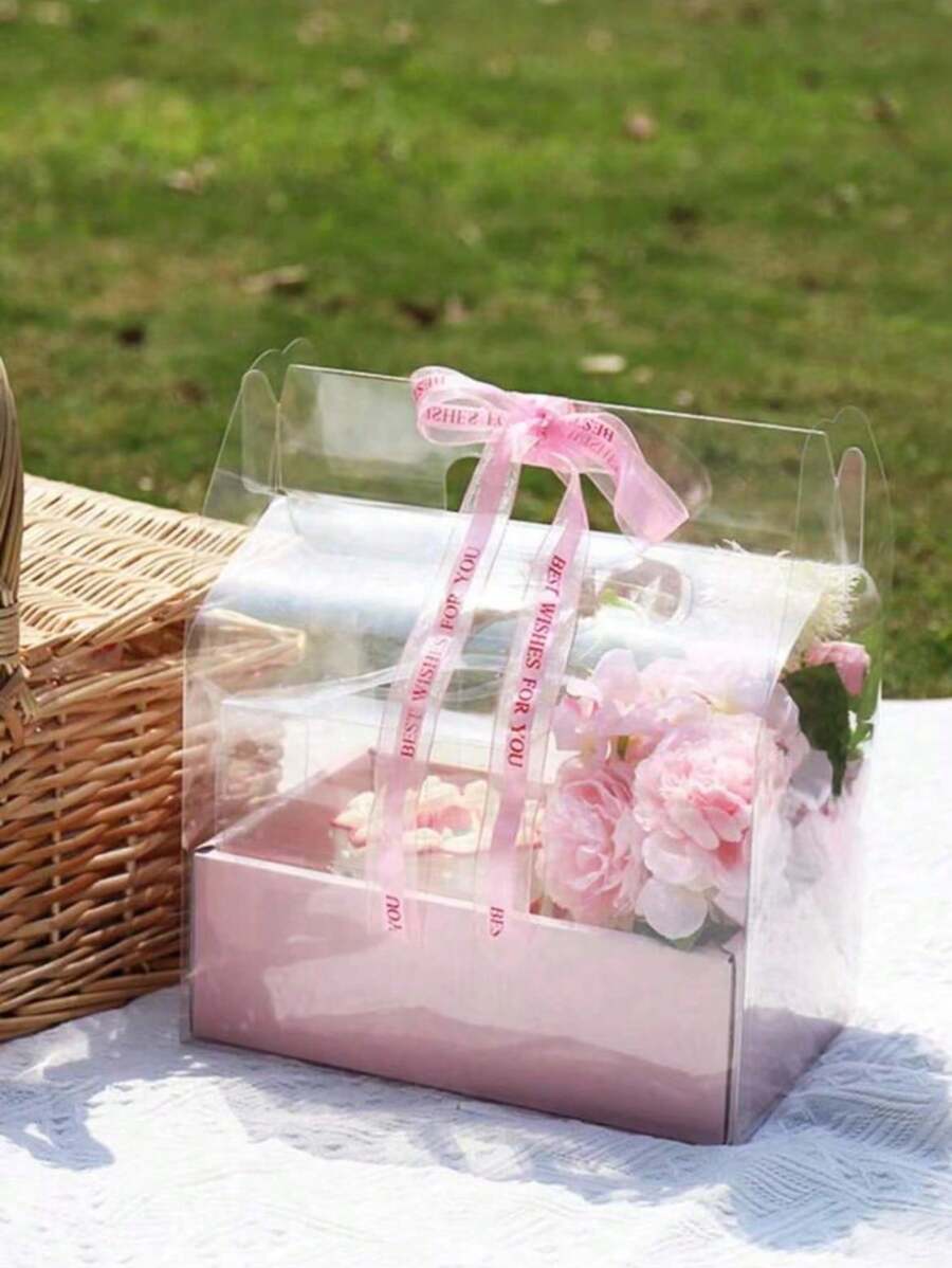 1pc Transparent Hand-Held Rose Gift Box, PVC Valentine Fruit Flower Box,Christmas Valentine Day