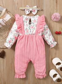 Baby Girl's Ditsy Floral Jumpsuit With Detachable Bib And Headband, Autumn - Pink - View 2