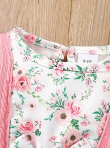 Baby Girl's Ditsy Floral Jumpsuit With Detachable Bib And Headband, Autumn - Pink - View 4