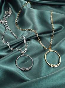 1 Pc Circle Name Necklace, Personalized DIY English Letter Jewelry, Stainless Steel Gold-Plated Large Chain, Fashionable And Atmospheric Women's Necklace-Gold