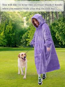 1 Pcs Wearable Blanket Sweatshirt Gifts For Women And Men, Warm And Cozy Giant Blanket Hoodie, Thick Flannel Blanket With Sleeves And Giant Pocket - 紫色 - 查看 5