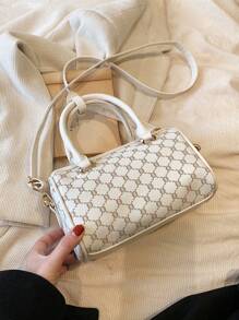 SHIMEINI 1 件 2025 新款时尚复古印花波士顿单肩手提包，适合女性日常使用、办公室、通勤、假日旅行、节日、约会、礼物 - 白色 - 查看 4