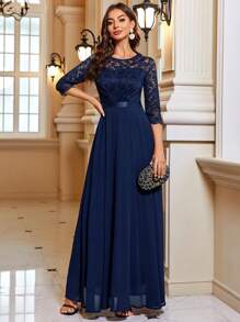 MIUSOL 优雅花卉蕾丝圆领雪纺正式派对礼服、舞会晚礼服、婚礼宾客礼服、毕业典礼礼服、晚宴礼服、随机图案礼服、情人节礼服 - 藏蓝色 - 查看 4