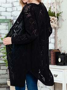 Boho Retro Cotton Mix Crochet Knit Hollow Light Weight Button Front Side Slit Long Cardigan - màu đen - Xem 1