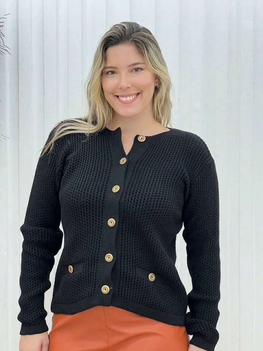 Casaco tricot bolsos inverno moda feminina comfy - Preto - Visão 1