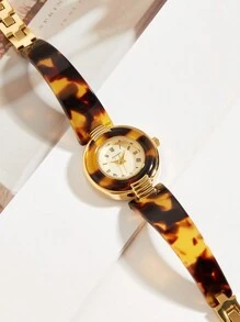 1قطعة ساعة يد نسائية ذات طراز فرنسي عتيق بلون كهرماني وهيكل سلحفاة، هدية رائعة