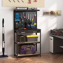 Workbench With Pegboard, Tool Storage Workbench W/ Shelves & Drawers, 13 Hanging Accessories, Robust Metal Frame, Versatile Tool Organization Work Table For Garage, Workshop, Black + Blue - 藍色 - 查看 3
