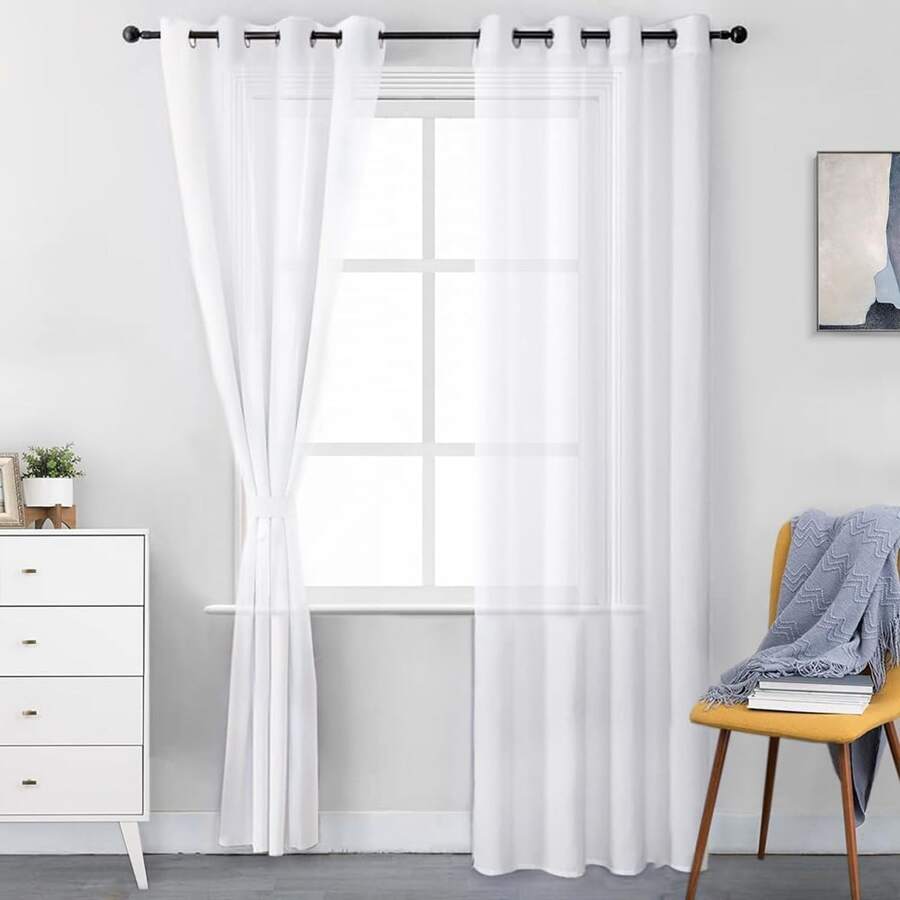 Cortinas Translucidas Equilibrar La Privacidad y La Luz, Cortinas Transparentes para Recamara y Sala Ligero Vertical con Ojales en La Parte Superior, 2 Paneles, Blanco - 132*241 - Ver 1