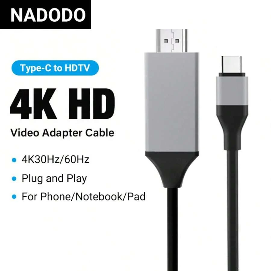 NADODO USB C 转 HDTV 适配器线 2M - 4K 高清视频适配器，USB 供电，PVC，兼容 iPad、iPhone、手机、平板电脑、笔记本电脑 - 无需电池 - 灰色 - 查看 1