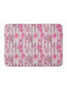 Watercolor Pink Flowers Grey Stripes Machine Washable Memory Foam Mat - Pink - 灰色 - 查看 2