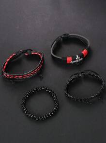 4 Cái/bộ Vòng tay đeo chéo bằng da nhiều lớp bện thủ công kiểu Retro dành cho nam - 4 chiếc màu đen - Xem 3