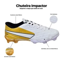 Uzze Sport Chuteira Campo Impactor Adulto Juvenil Gramado Trava Costurada Novo + Meião Mochila - Dourado - Visão 5