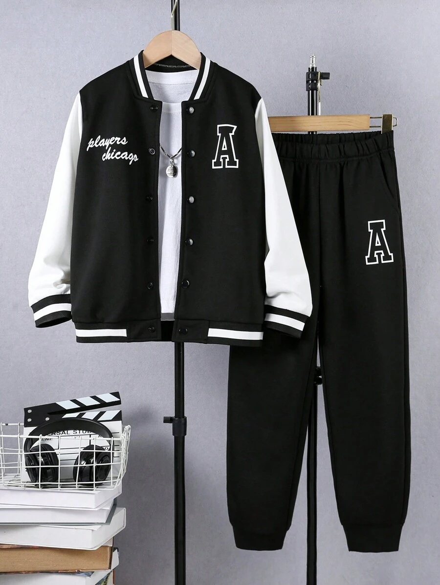 2pcs/Set Tween Boys Baseball Jacket And Jogger Pants Back To School Outfit - Spring/Autumn
