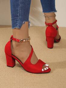 Giày sandal cao gót hở mũi đế dày dành cho nữ, giày cao gót thời trang thường ngày, giày dự tiệc thanh lịch. - Đỏ - Xem 5