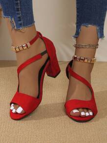 Giày sandal cao gót hở mũi đế dày dành cho nữ, giày cao gót thời trang thường ngày, giày dự tiệc thanh lịch. - Đỏ - Xem 2