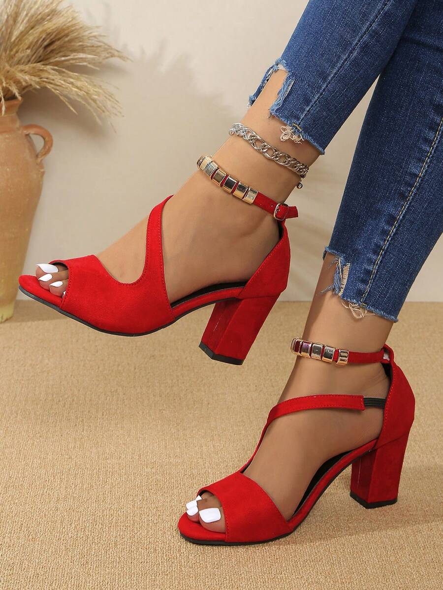 Giày sandal cao gót hở mũi đế dày dành cho nữ, giày cao gót thời trang thường ngày, giày dự tiệc thanh lịch. - Đỏ - Xem 1
