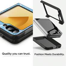1Pc Glitter Phone Case With Hinge Protection Shockproof Rugged Sparkle Bling Cute Protective Cover Compatibility With Samsung Galaxy Z Flip 6 2024 - Glitter Blue - View 3