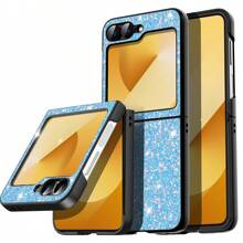 1Pc Glitter Phone Case With Hinge Protection Shockproof Rugged Sparkle Bling Cute Protective Cover Compatibility With Samsung Galaxy Z Flip 6 2024 - Glitter Blue - View 8