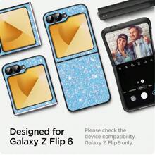 1Pc Glitter Phone Case With Hinge Protection Shockproof Rugged Sparkle Bling Cute Protective Cover Compatibility With Samsung Galaxy Z Flip 6 2024 - Glitter Blue - View 4