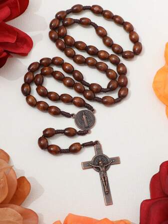 KOMI 1pc Handmade Oval Wooden Beads INRI Cross Necklace, Baptism Holiday Gift, Virgin Mary Jesus Cross Pendant