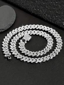 1 件欧美嘻哈水钻覆盖翻盖街头风格项链和手链金属链项链，夏季海滩派对珠宝套装 - 菱形 - 查看 19