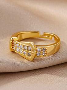 1 Pc Fashion Cubic Zirconia Belt Ring For Women Gold Color Stainless Steel Adjustable Geometric Ring Wedding Party Jewelry Gift