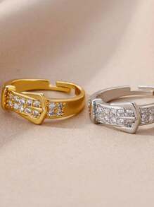 1 Pc Fashion Cubic Zirconia Belt Ring For Women Gold Color Stainless Steel Adjustable Geometric Ring Wedding Party Jewelry Gift