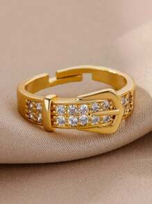 1 Pc Fashion Cubic Zirconia Belt Ring For Women Gold Color Stainless Steel Adjustable Geometric Ring Wedding Party Jewelry Gift