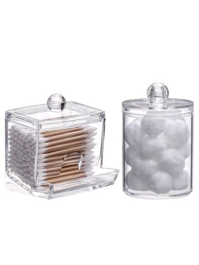 3M 2 paquets de supports de tampons de coton en plastique, support de rangement pour tampons de maquillage ronds, organisateur de salle de bain de 10 onces, distributeur de contenants transparents pour bouteilles de médicaments et de cotons-tiges. Pour les vacances à la plage, la collection de salle de bain, la collection de chambre, grande capacité