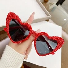 新款欧美女士心形手工装饰水钻眼镜；旅行沙滩必备配饰，女士眼镜時尚眼鏡，情人节夏季海滩度假、户外活动、旅行 - 彩色 - 查看 14