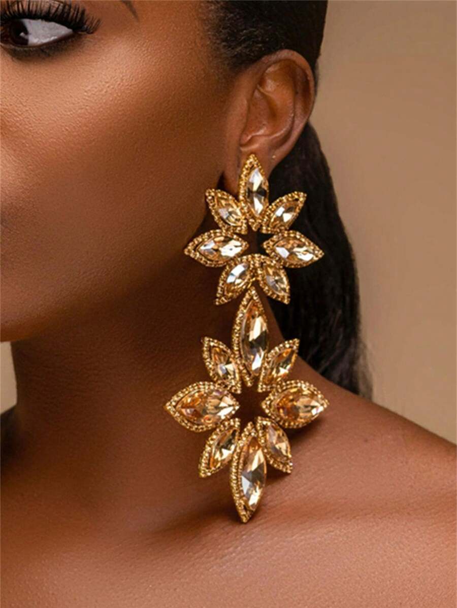 1pair Exaggerated Rhinestone Earrings, Fashion Accessories For Women's Party Dresses - Gold - View 1