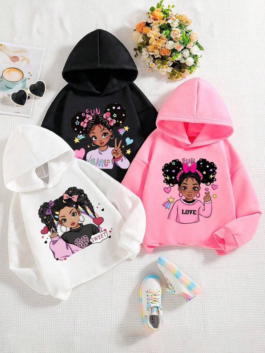 3pcs Tween Girls Patterned Graphic Fleece Hooded Sweatshirts Set - Multicolor - View 1