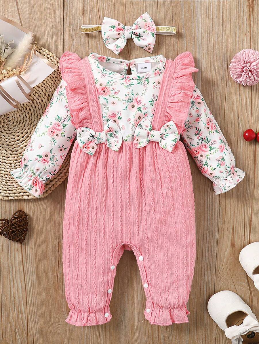 Baby Girl's Ditsy Floral Jumpsuit With Detachable Bib And Headband, Autumn - Pink - View 1