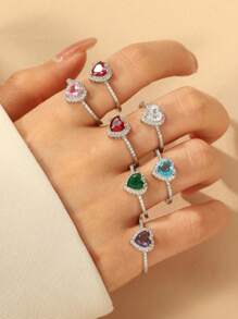 可调节奢华彩色心形铜戒指，镶嵌水钻，适合婚礼、宴会、派对、节日等场合，是馈赠亲友的绝佳礼物。 - 彩色 - 查看 6