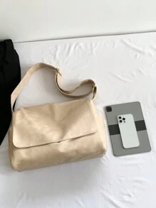 Dedoo 1个复古皮革斜挎包，大容量单肩包，纯色手提包（请放置于通风处1-3天以散去材质气味） - 米色 - 查看 4