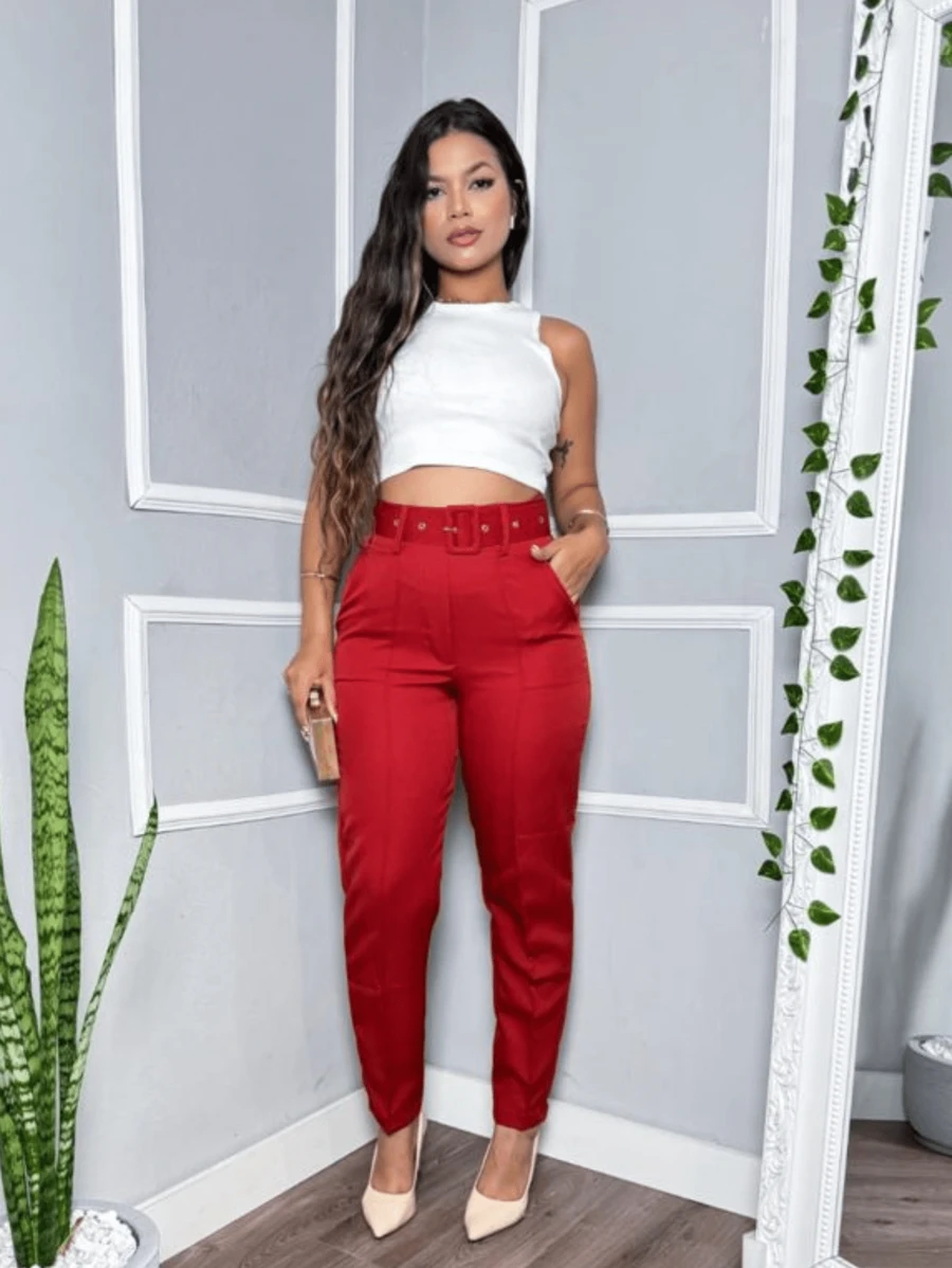 Women's Tailor Pants Modern Dress Pants High Waist With Covered Belt - Đỏ - Xem 1