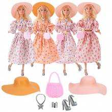 6 piezas/set Ropa para vestir muñeca de moda de 11.5", incluye 1 par de zapatos, 1 sombrero, 1 collar, 1 conjunto, 1 bolso, 1 pulsera (muñeca no incluida) - Multicolor - Ver 5