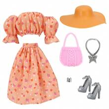 6 piezas/set Ropa para vestir muñeca de moda de 11.5", incluye 1 par de zapatos, 1 sombrero, 1 collar, 1 conjunto, 1 bolso, 1 pulsera (muñeca no incluida) - Multicolor - Ver 4