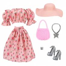 6 piezas/set Ropa para vestir muñeca de moda de 11.5", incluye 1 par de zapatos, 1 sombrero, 1 collar, 1 conjunto, 1 bolso, 1 pulsera (muñeca no incluida) - Multicolor - Ver 7
