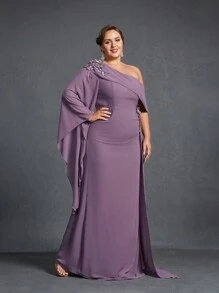 Faeriesty Mosy Plus Size Evening Gown, Asymmetric Neckline, Flared Sleeves And Tiered Side Design - Elegant Mother Of The Bride Dress, Formal Gala Dress, Red Carpet Attire, Black Tie Event Wear - Mauve Purple - View 7