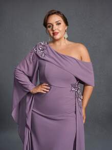 Faeriesty Mosy Plus Size Evening Gown, Asymmetric Neckline, Flared Sleeves And Tiered Side Design - Elegant Mother Of The Bride Dress, Formal Gala Dress, Red Carpet Attire, Black Tie Event Wear - Mauve Purple - View 8