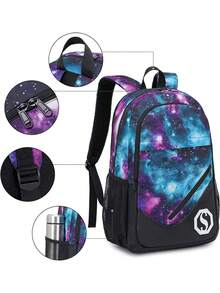 多功能大容量背包，中学生/高中生夜光背包，防水牛津布背包套装带午餐盒和铅笔盒 - 玫紅色 - 查看 7