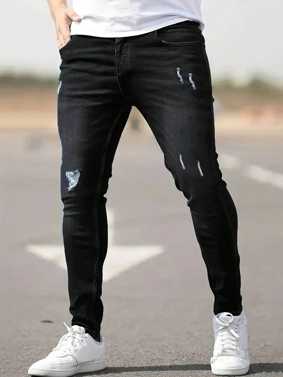 Men's Fashionable Slim Fit Black Ripped Distressed Stretch Jeans, Grunge - Black - View 1