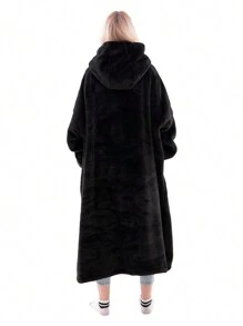 1 Pcs Wearable Blanket Sweatshirt Gifts For Women And Men, Warm And Cozy Giant Blanket Hoodie, Thick Flannel Blanket With Sleeves And Giant Pocket - Black - View 3