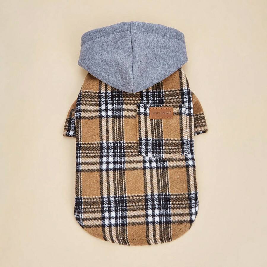 1pc Pet Dog Jacket, Plaid Hooded Contrast Color Coat, Suitable For Small/Medium Dogs & Cats In Cold Weather, Christmas Gift - Brown - View 1