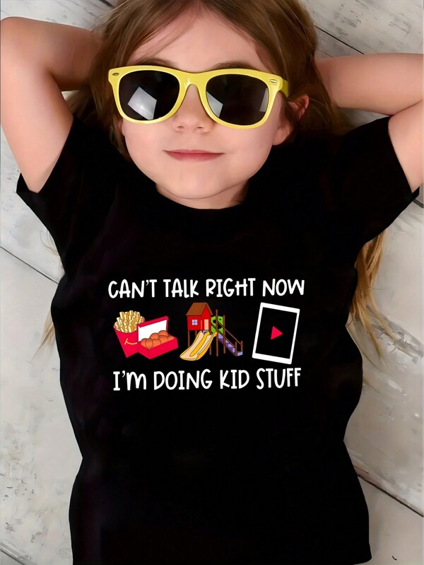 Cartoon Letter Slogan Print Short Sleeve T-Shirt For Young Girls