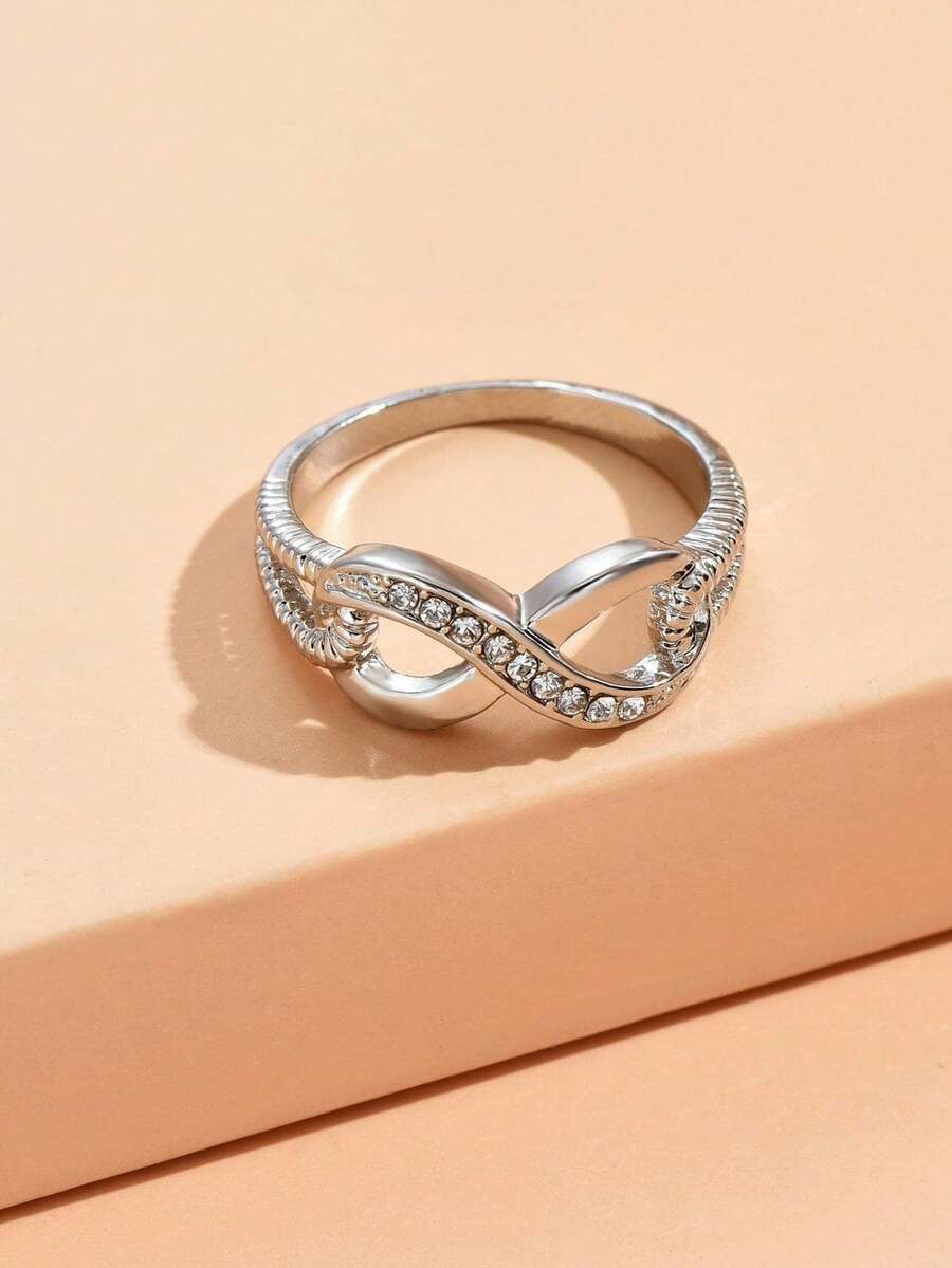 1pc Silver-Tone Alloy Rhinestone Bow Infinity Symbol Ring, Engagement Wedding Promise Ring For Men And Women - Silver - View 1